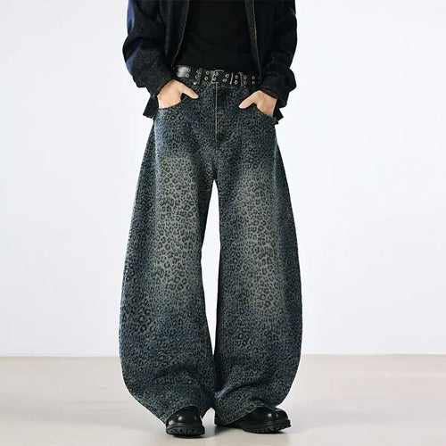Fashion Men's Gradient Leopard Print Drape Jeans Autumn Loose Straight