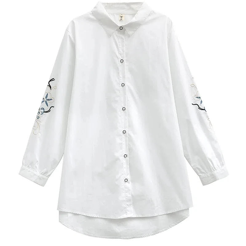 Vintage Embroidery White Simple Cotton Button Up Shirt Comfortable