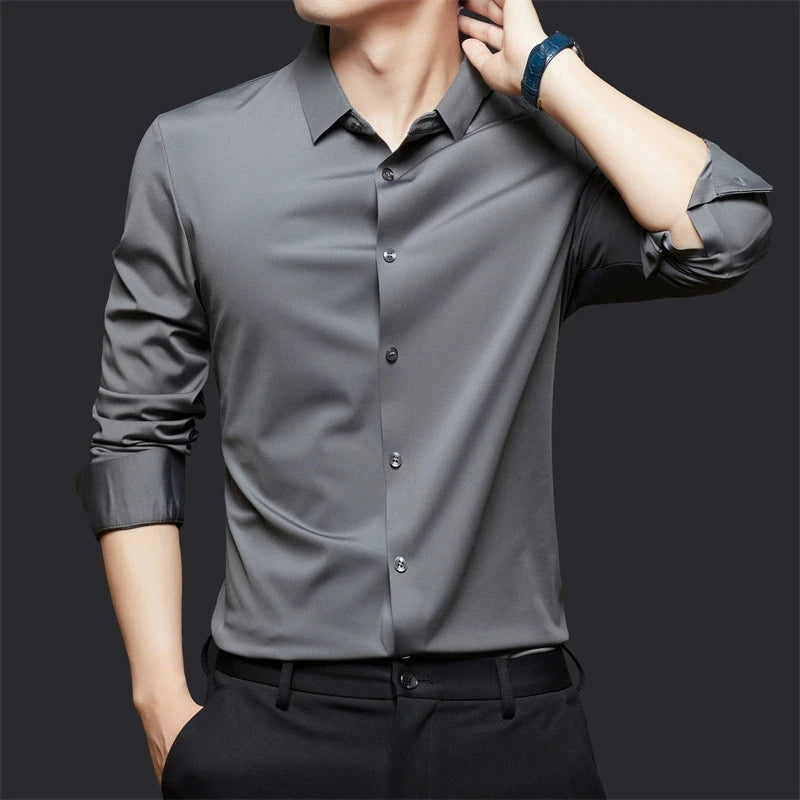High Stretch Men Business Shirt Long Sleeve Anti-wrinkle Non-ironing