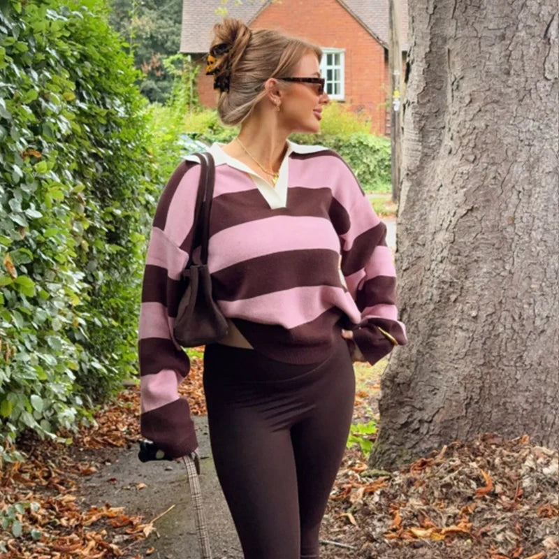 Spring 2026 Women's Polo Neck Knitted Sweater Fashion Stripes Loose
