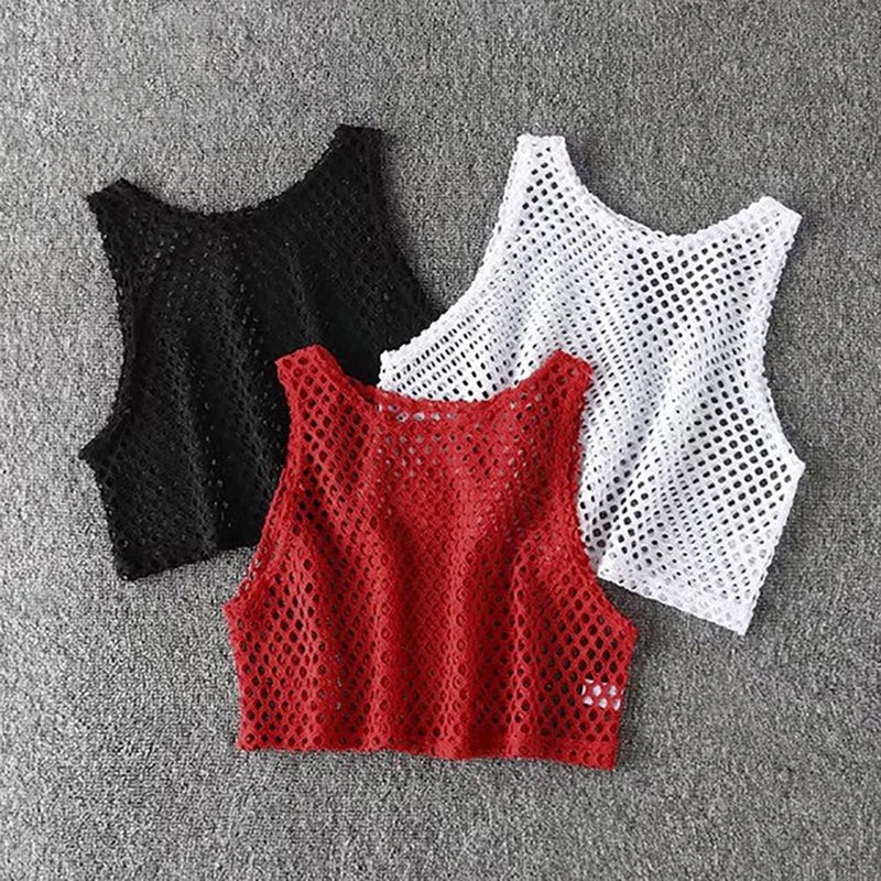 Sexy Black/Red Hollow Out Crop Top 2023 Mesh T-shirt Female Loose