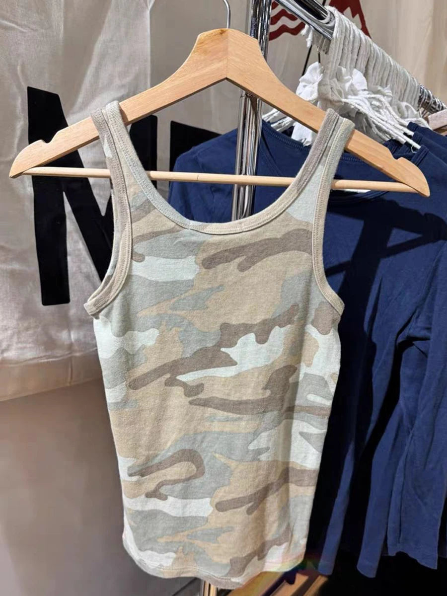 Camouflage Vintage Slim Tank Top Woman Summer U Collar Sleeveless