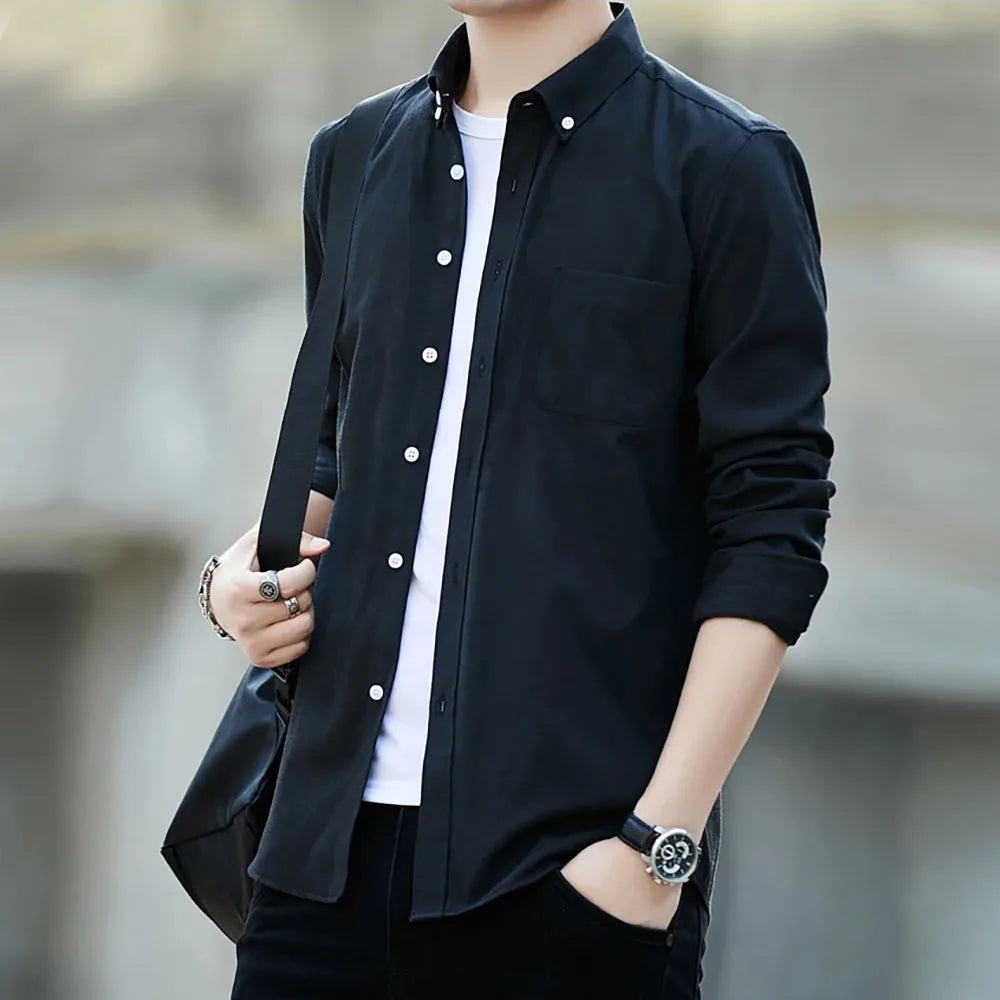 Autumn New Long Sleeve Solid Shirts for Men Casual Turn-down Collar