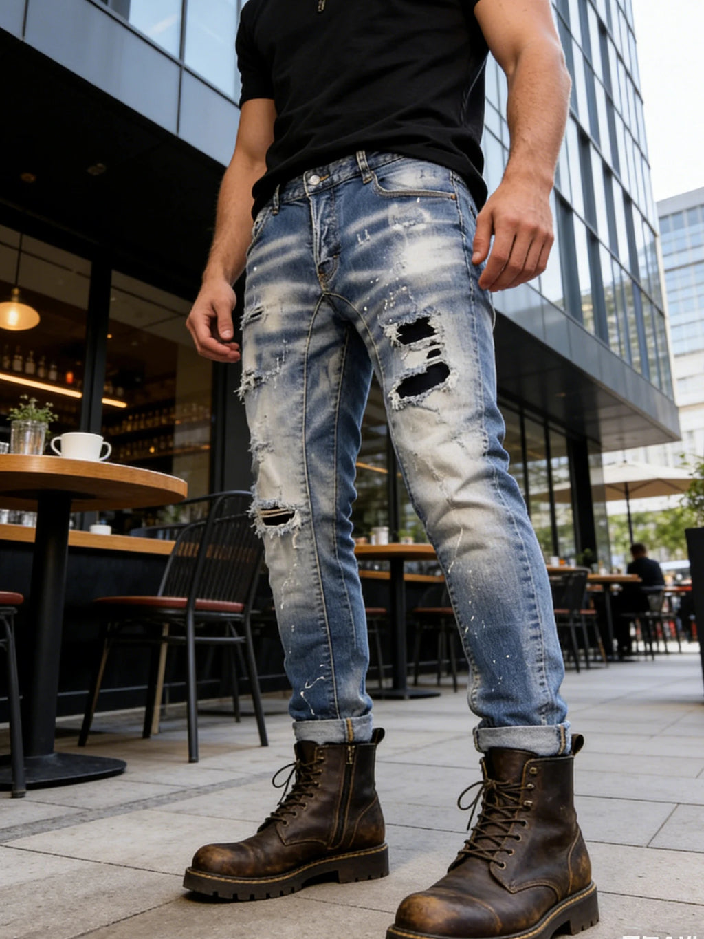 Trendy street style large ripped paint-splatter jeans for men,