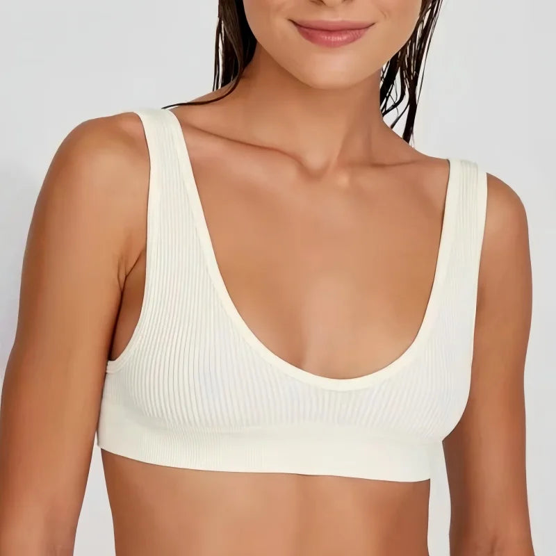 Women Seamless Bra Ribbed Sports Deep-U Shape Bralette Non-wire