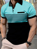 Men's color-matching striped short-sleeved lapel T-shirt casual top