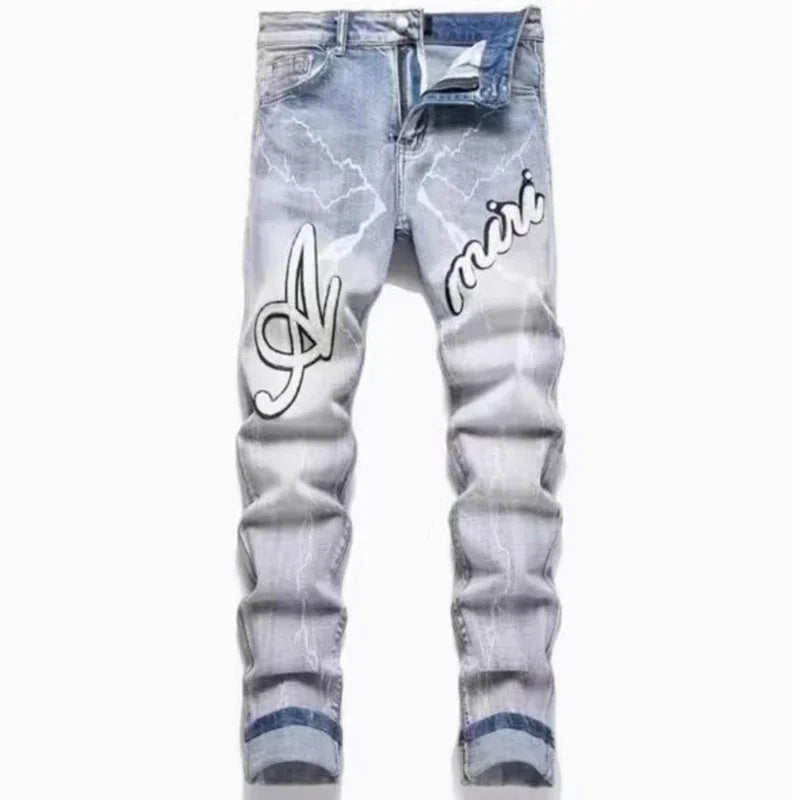 2025 Men Jeans Male Slim High Elasticity Star Embroidery Stretch Mid