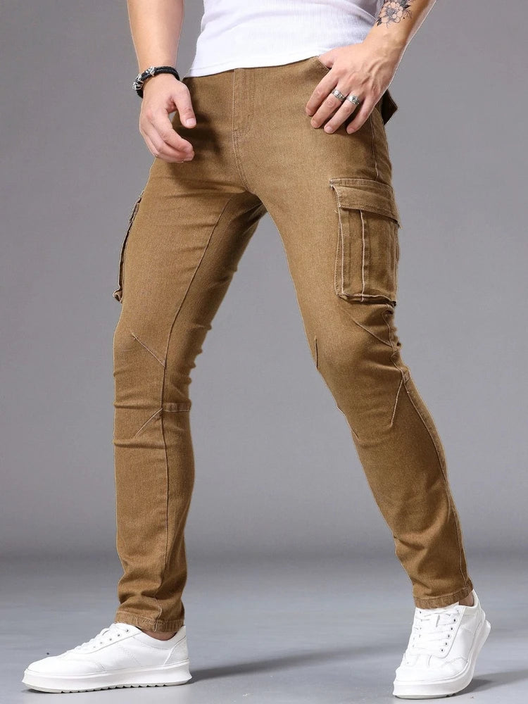 Men Elastic Streetwear Cargo Pants Jeans Wash Multi Pockets Y2k Mid