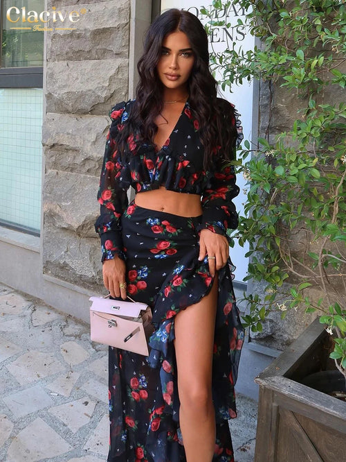 Clacive Fashion Loose Print Women's Two Pieces Set 2025 Sexy Long
