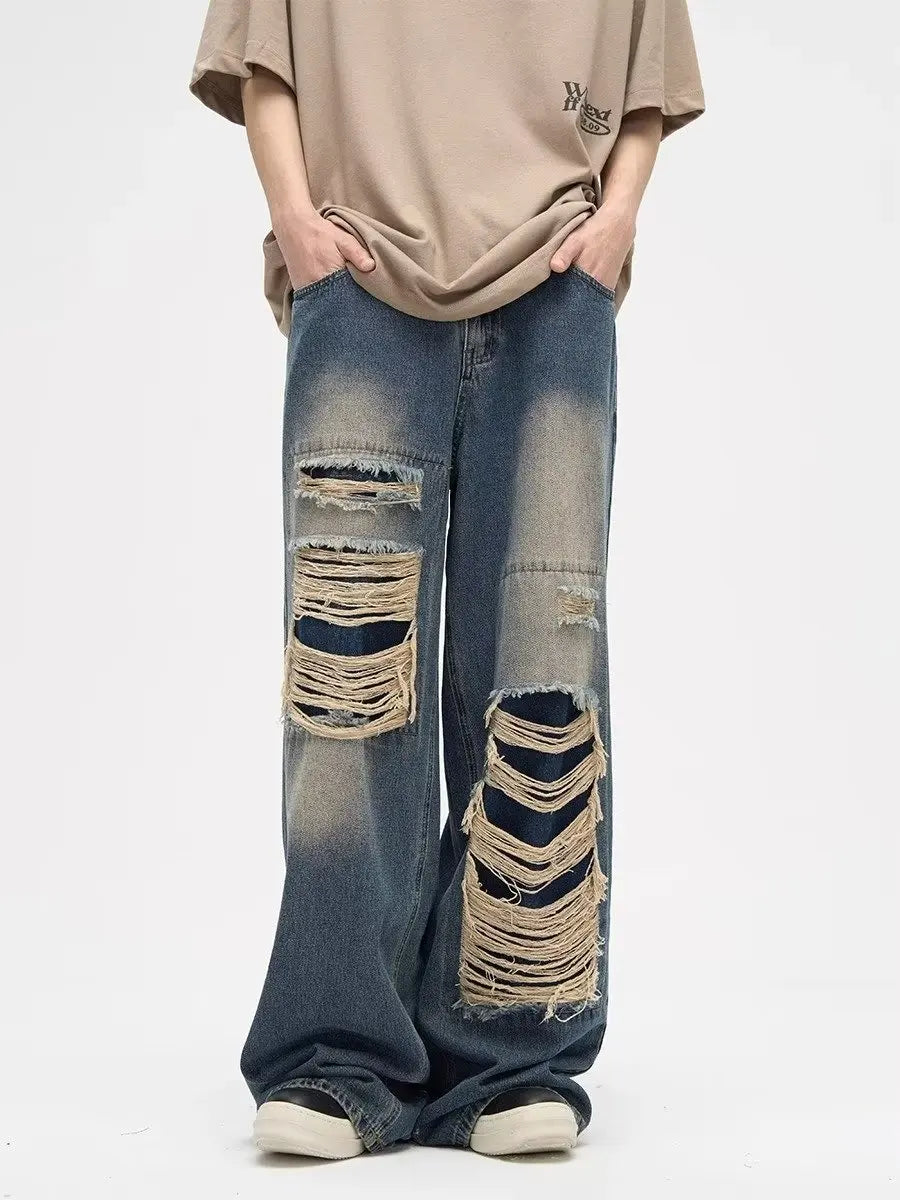 Y2K Man Jeans Korean retro hole repair jeans mens 2023 new American