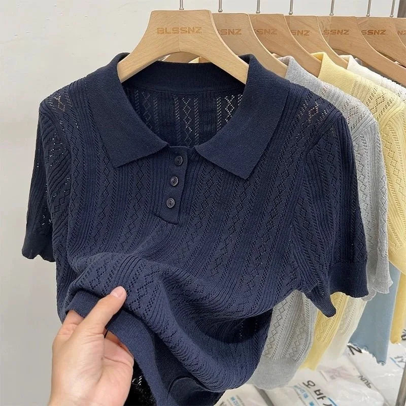 Women's Summer Thin Knit Polo Shirt Hollow-Out Short Sleeve Top