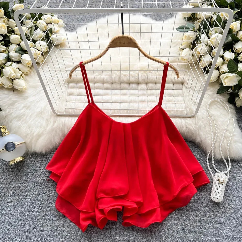 New Summer Spaghetti Straps Ruffle Sleeveless Tanks and Camis Korean