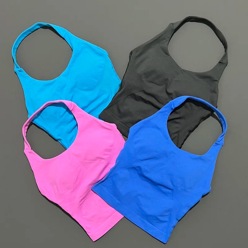 HISTELLO Impact Halter Top Seamless Longline Strappy Gym Tank Top