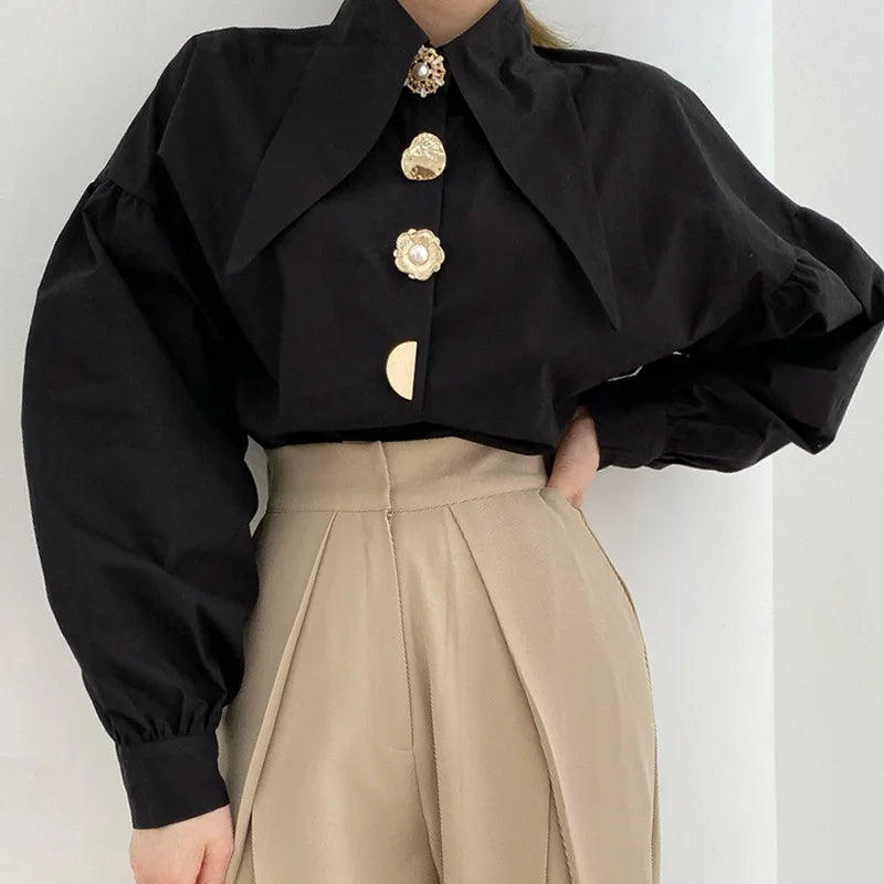 White Elegant Pearl Women Shirts Korean Sharp Corner Collar Loose Long