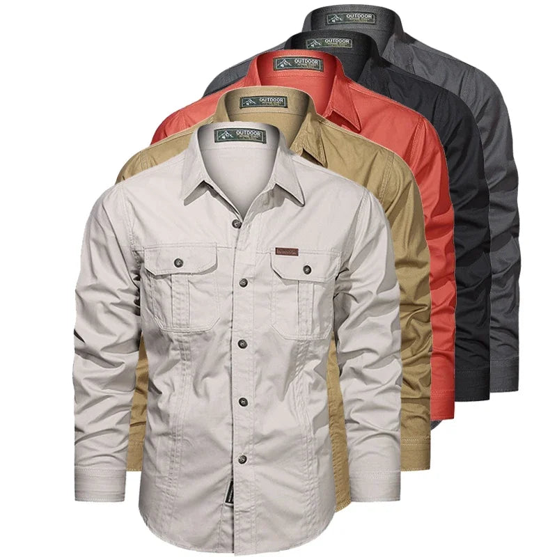 2024 Fashion Cotton Military Shirt Long Sleeve Multi-pocket Casual