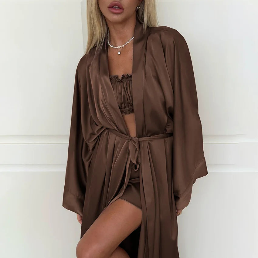 Elegant Brown Satin Nightgown 3 Piece Fashion Crop Top Vest Long