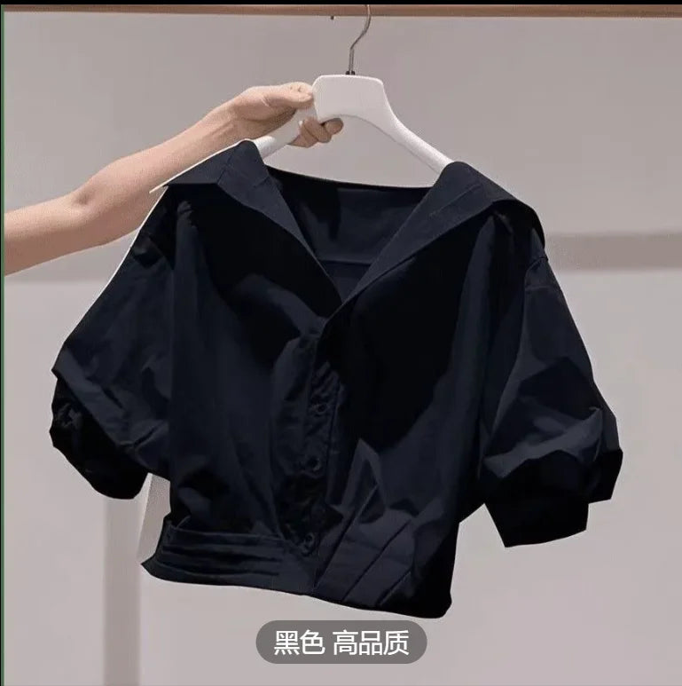 Lapel Bubble Sleeve Shirt Women Loose Fit Cropped Top Female blouse