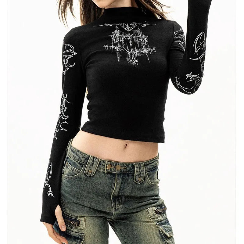 Grunge Women T-Shirt Y2k Aesthetics Half high neck Tees Graphical