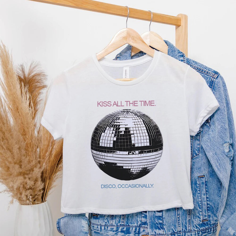 Kiss All The Time Disco Crop Top Disco Ball Shirt Concert Tee Music