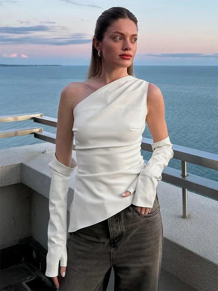 Trendix Slant Collar PU Top Sexy Asymmetrical Off Shoulder Slim