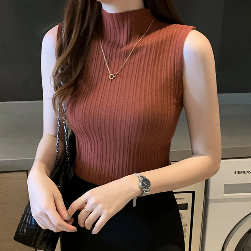 Solid Slim Thin Sleeveless Knitted Sweater 2023 Spring Summer Half