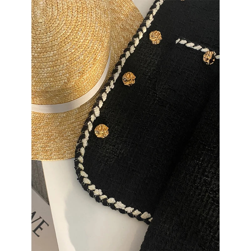 MEXZT Vintage Tweed Jacket Women Elegant Cropped Quilted Coat Commute