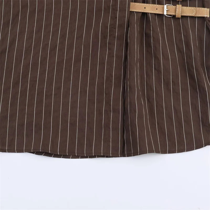 Women's Shirt 2025 Winter New Style Reddish-Brown Striped Long-Sleeve