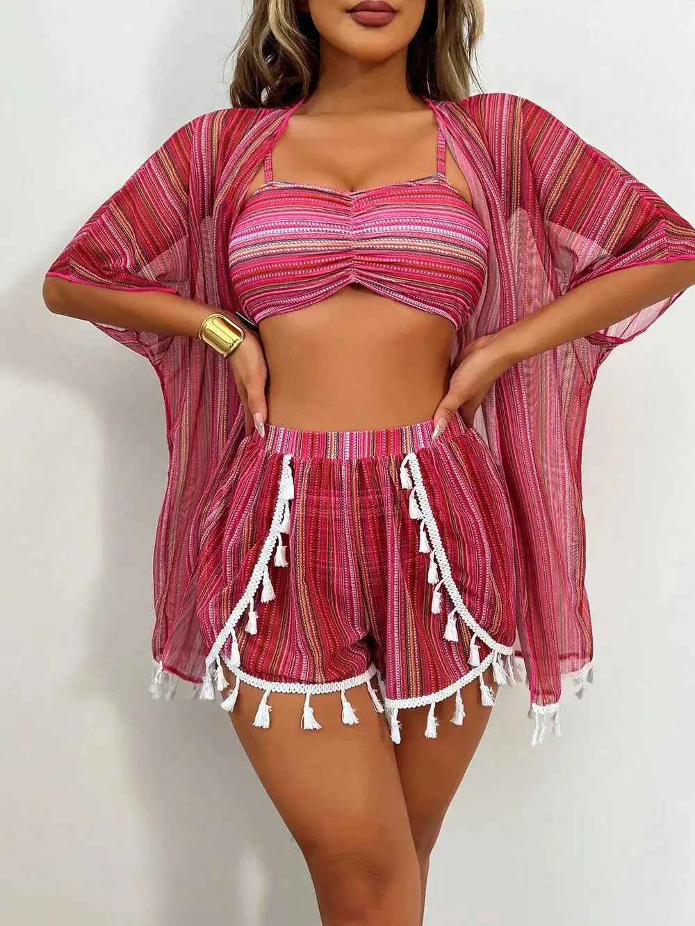New sunscreen blouse sexy tassel bikini four-piece swimsuit women's