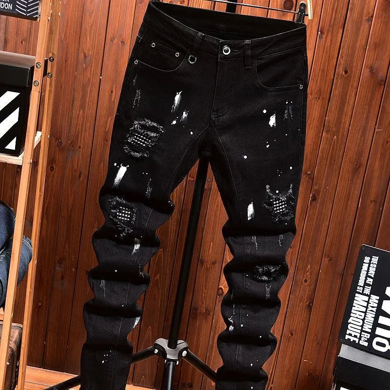2024 Spring and Autumn New Fashion Trend Retro Ripped Black Stretch