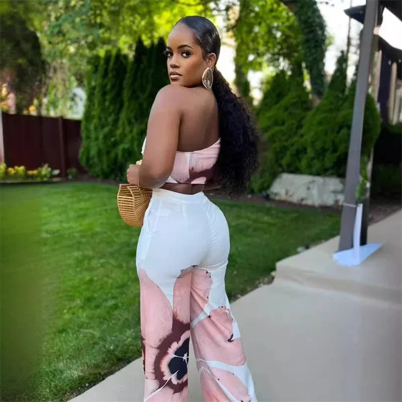 Floral Print Summer Two Piece Set Women Holiday One Shoulder Crop Top