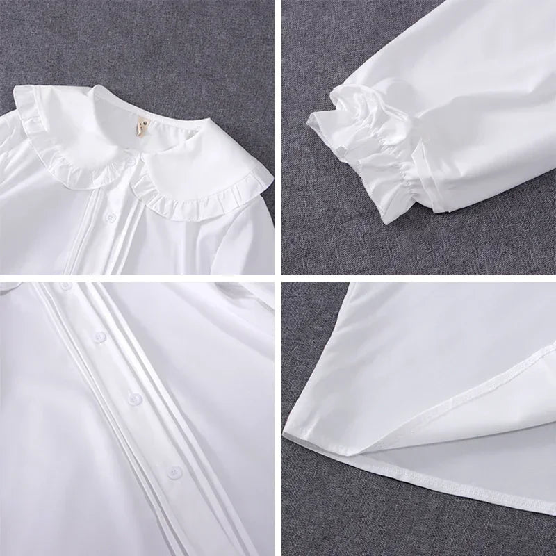 White Shirt Women Kawaii Peter Pan Collar Blouses Button Up Long