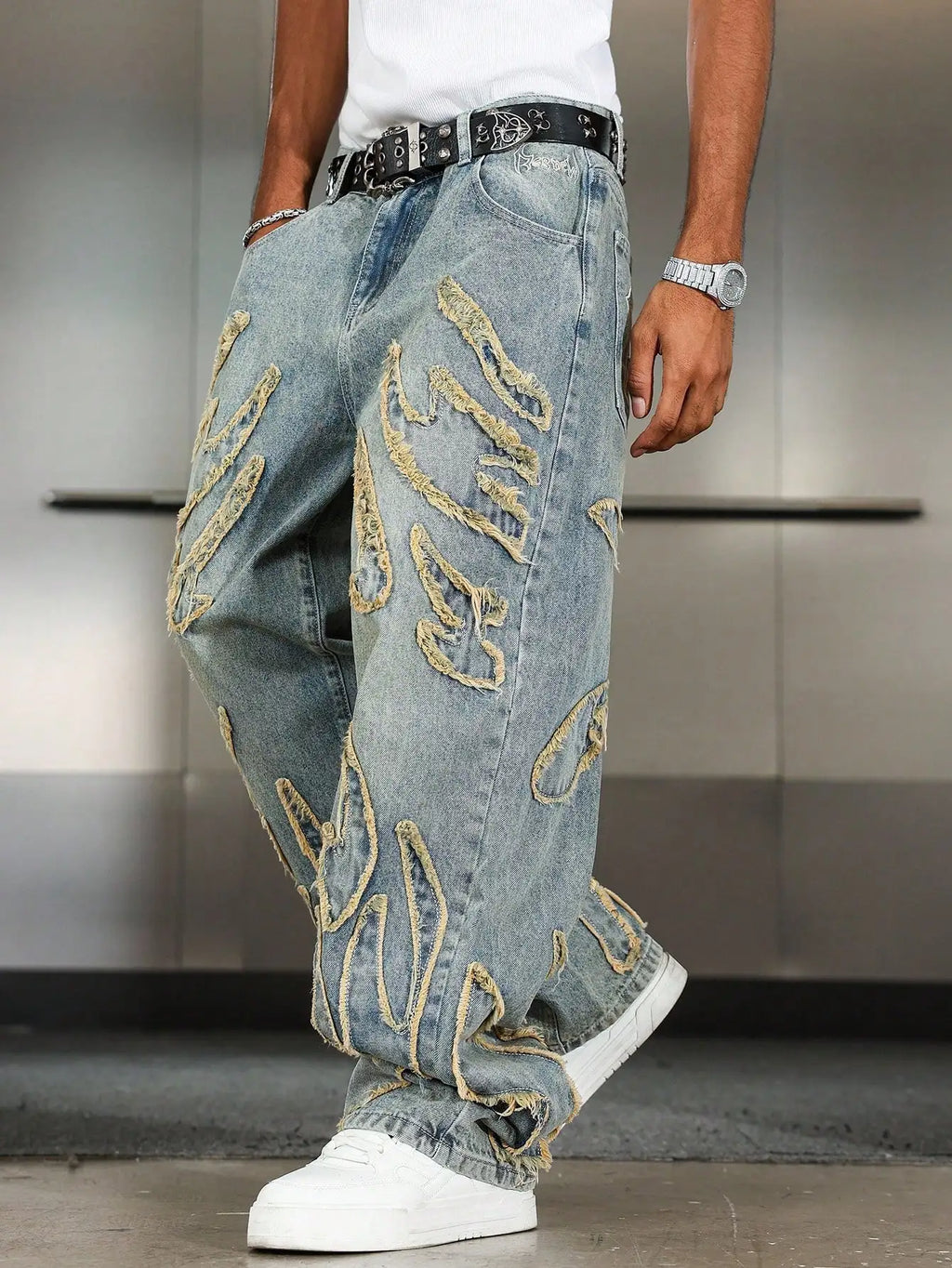 Men's Street Style Casual Patchwork Embroidered Frayed Hem Macau Blue