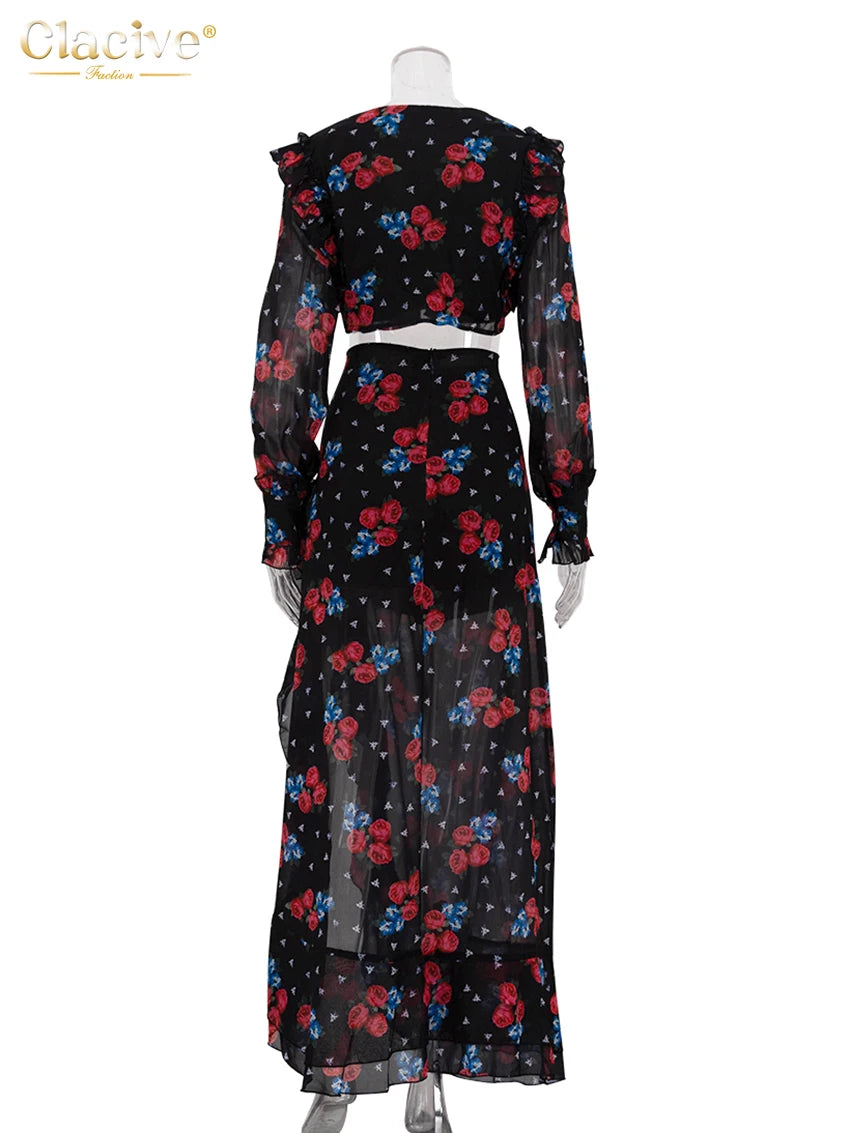 Clacive Fashion Loose Print Women's Two Pieces Set 2025 Sexy Long