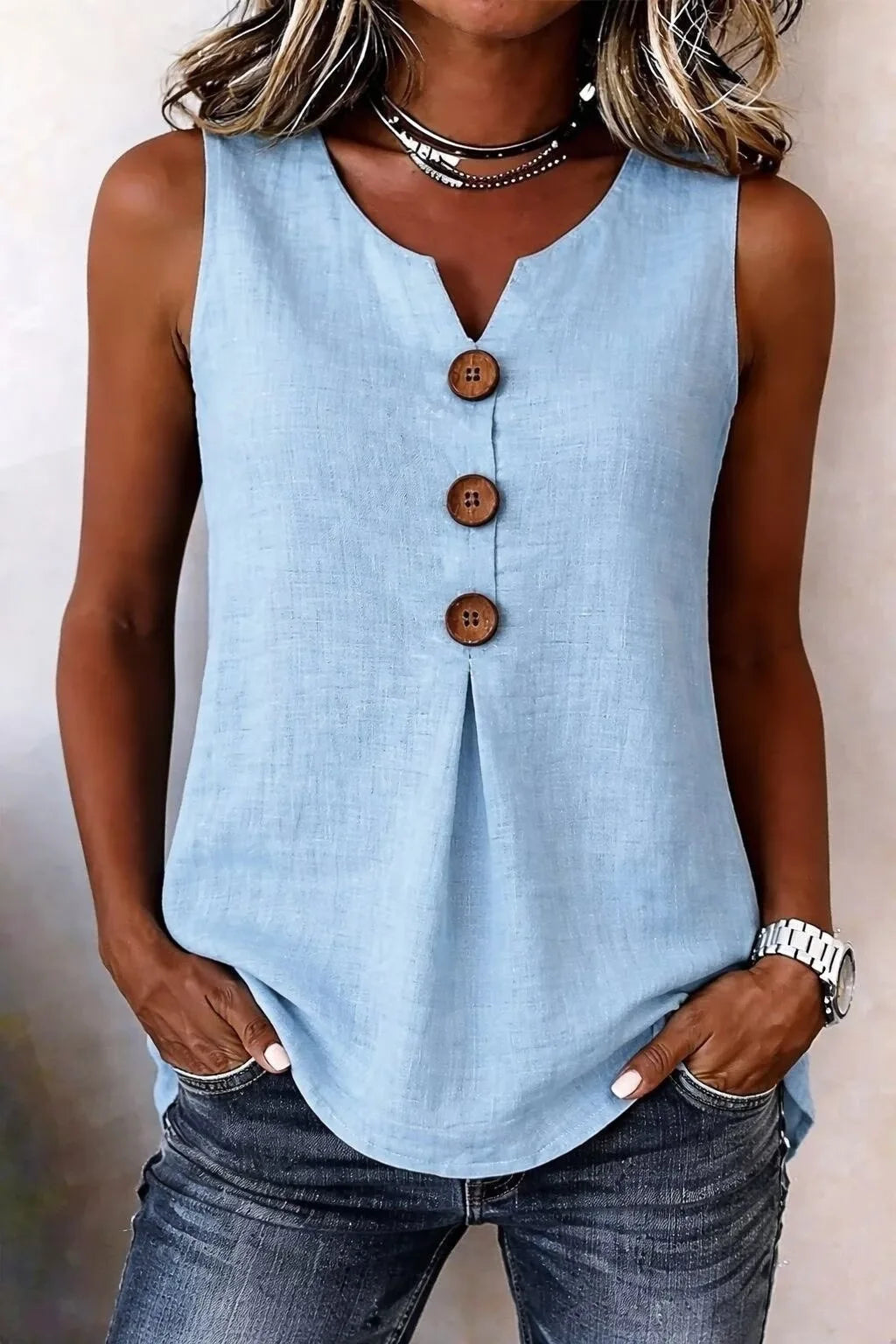 Summer 2026 Women's Blouses Fashion Button Cotton Linen Sleeveless