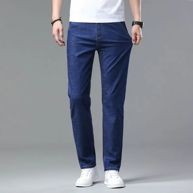Summer new men's micro elastic straight leg denim pants with shape and