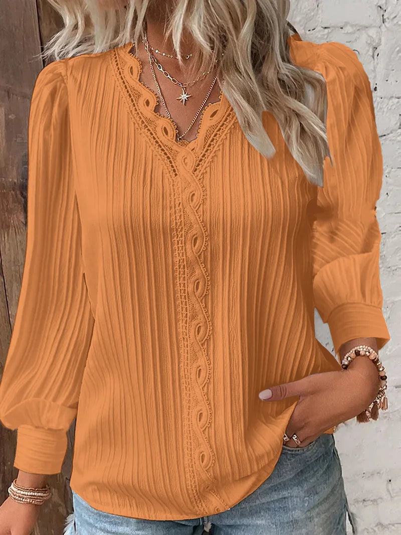 Elegant Summer Hollow Lace Patchwork Women Shirt Chic Blouse V Neck