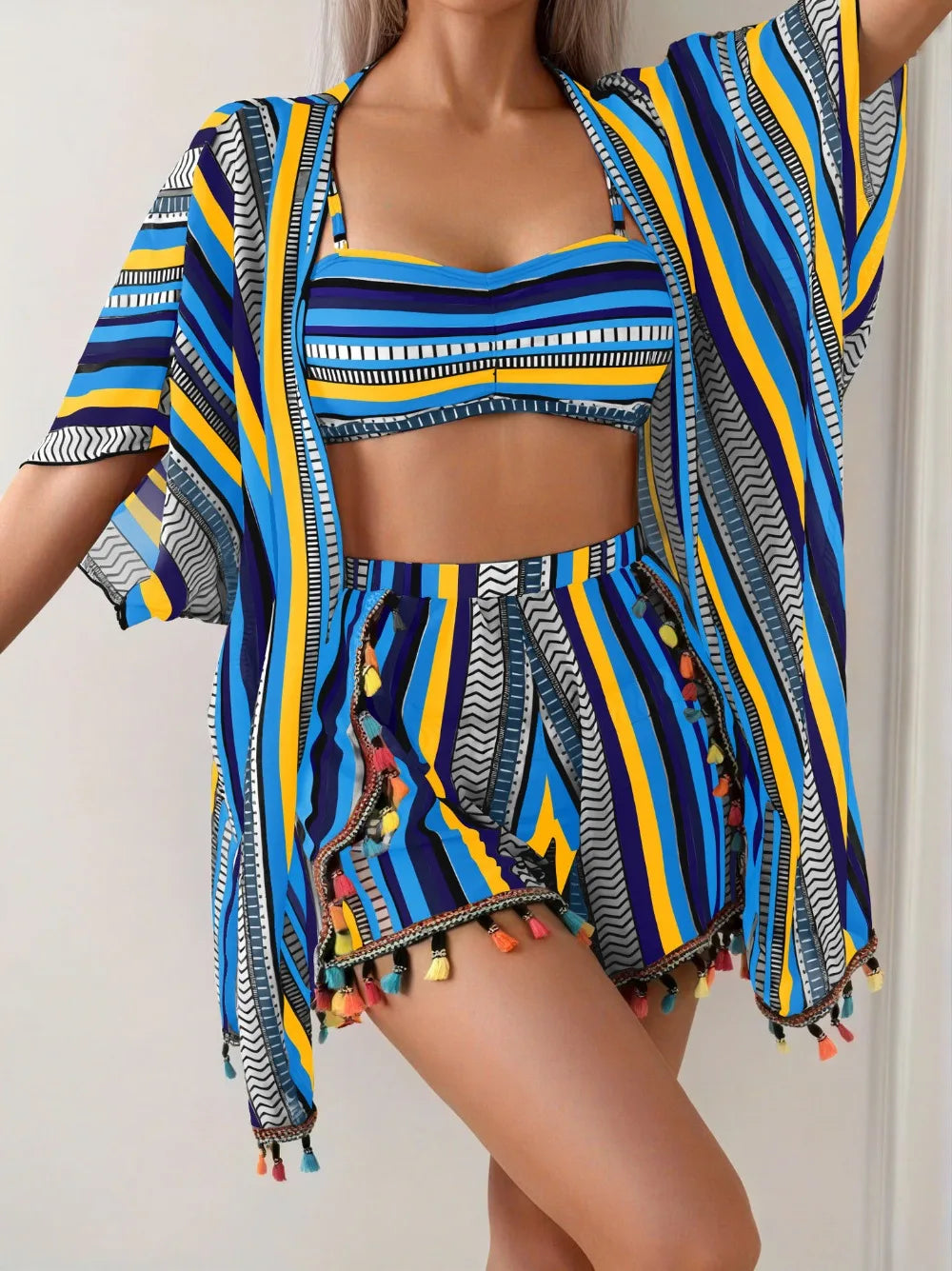 New sunscreen blouse sexy tassel bikini four-piece swimsuit women's