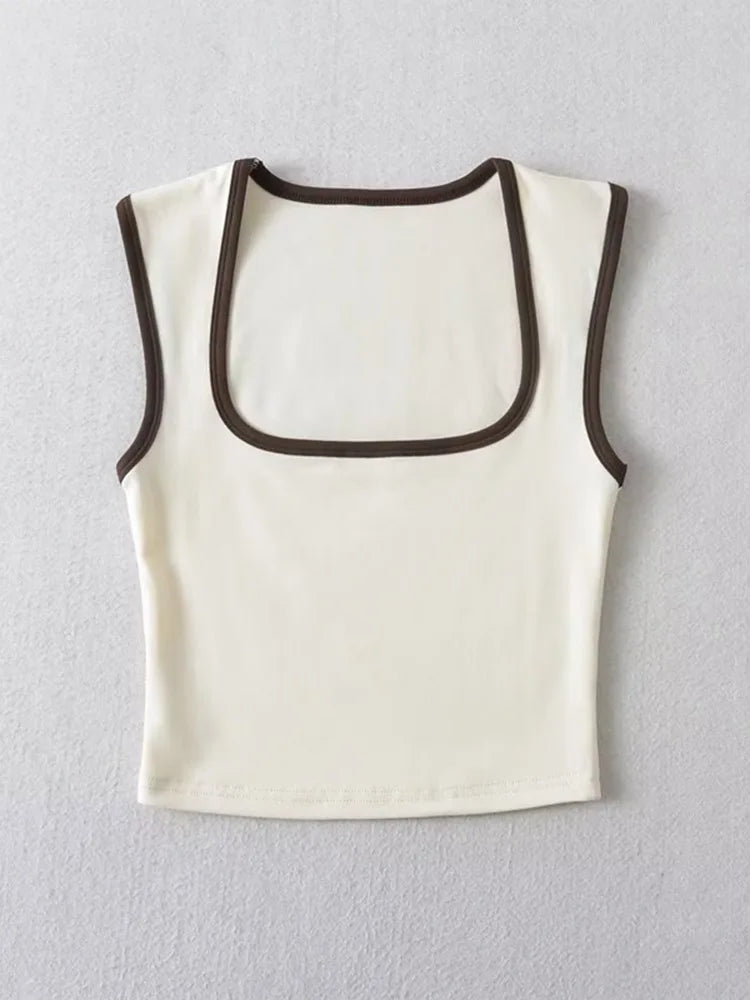 Woman Fashion Slim Solid Casual Sleeveless Tanks Square Collar Crop