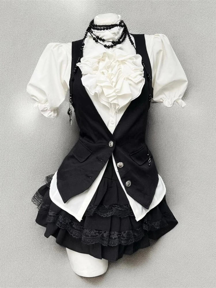 Spring Sweet Retro Elegant Woman 3 Piece Sets Preppy Style Black Vest