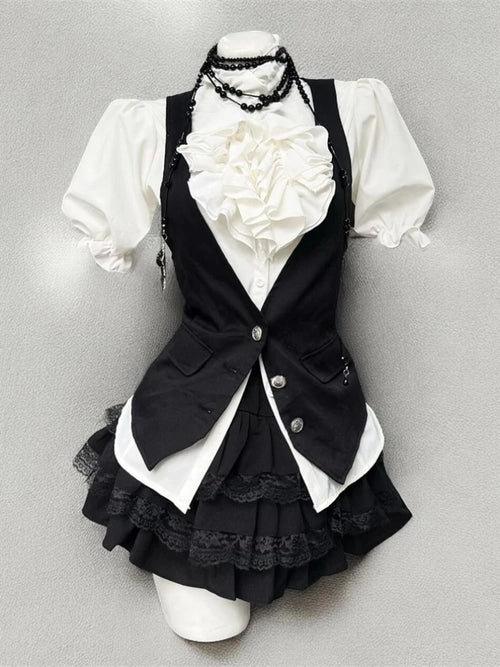 Spring Sweet Retro Elegant Woman 3 Piece Sets Preppy Style Black Vest
