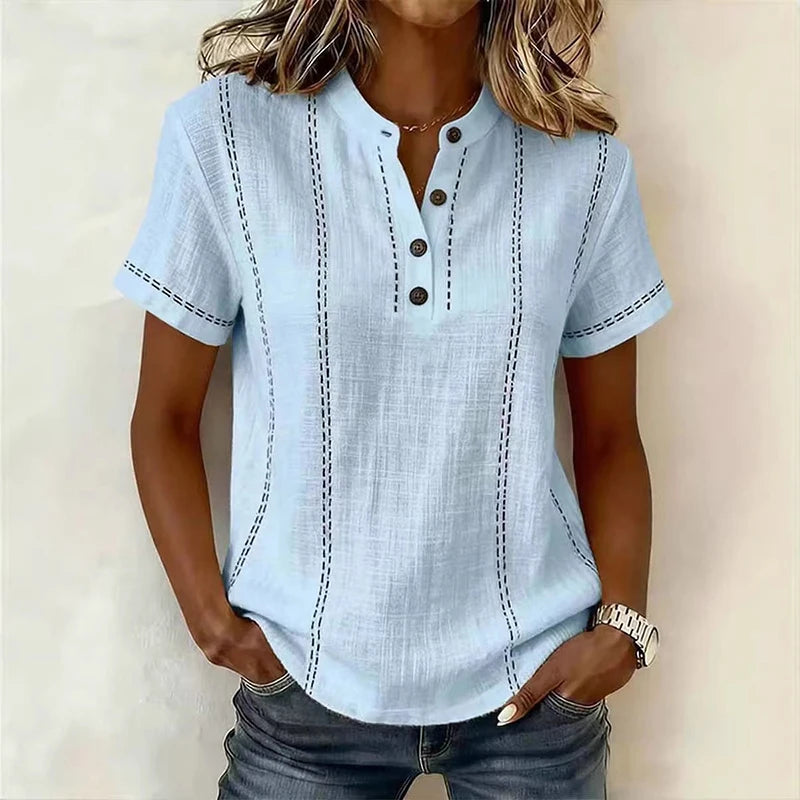 Elegant Women Blouse Shirt V Neck Button Patchwork Short Sleeve Shirts