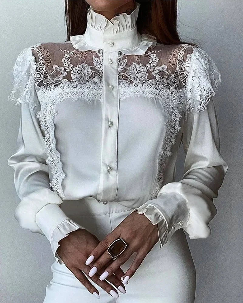 Women Lace Solid Color Casual Shirt White High Collar Mesh Lace