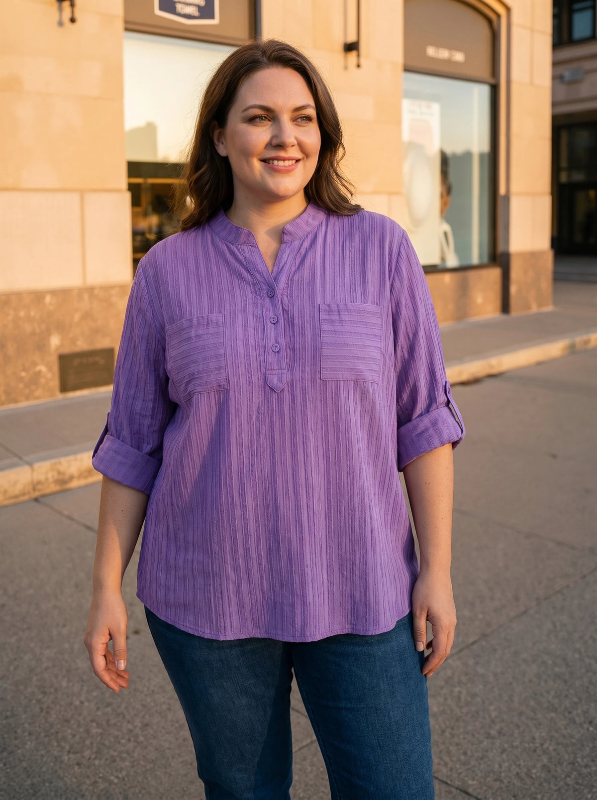 Gadinus Plus Size Women Solid Color Long Top Loose Fit Stand Collar