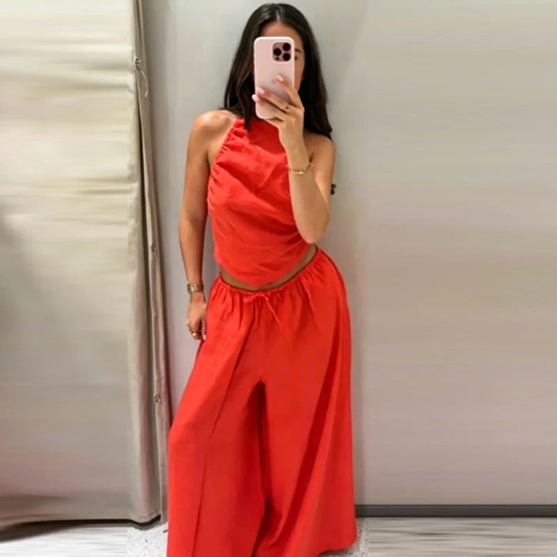 HXAO Red Ruffled Pants Sets Women's Suit Halter Crop Backless