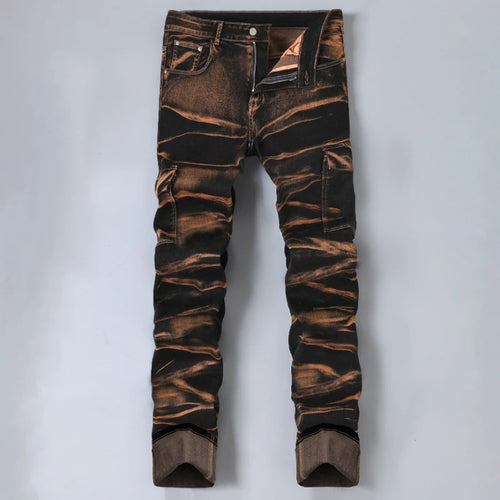 Spring Autumn Wine Red Slim-fit Jeans Mens Vintage Fashionable Elastic