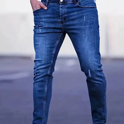 Men's Slim Fit Stretch Denim Jeans with Ripped Detail & Contrast