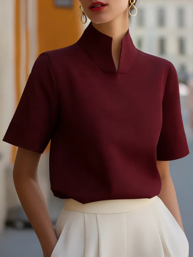 Stand Collar Short Sleeve Blouse Elegant Office Wear Casual Workwear