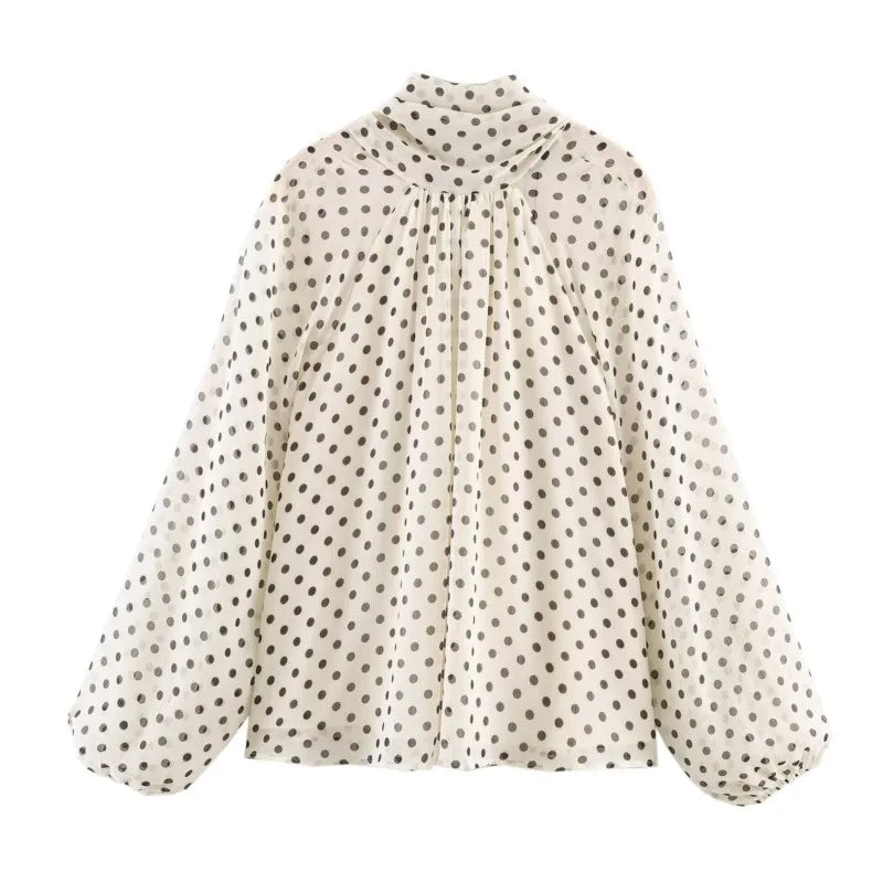 Women Polka Dot Print Blouse Casual High Collar Long Sleeve Lady Top