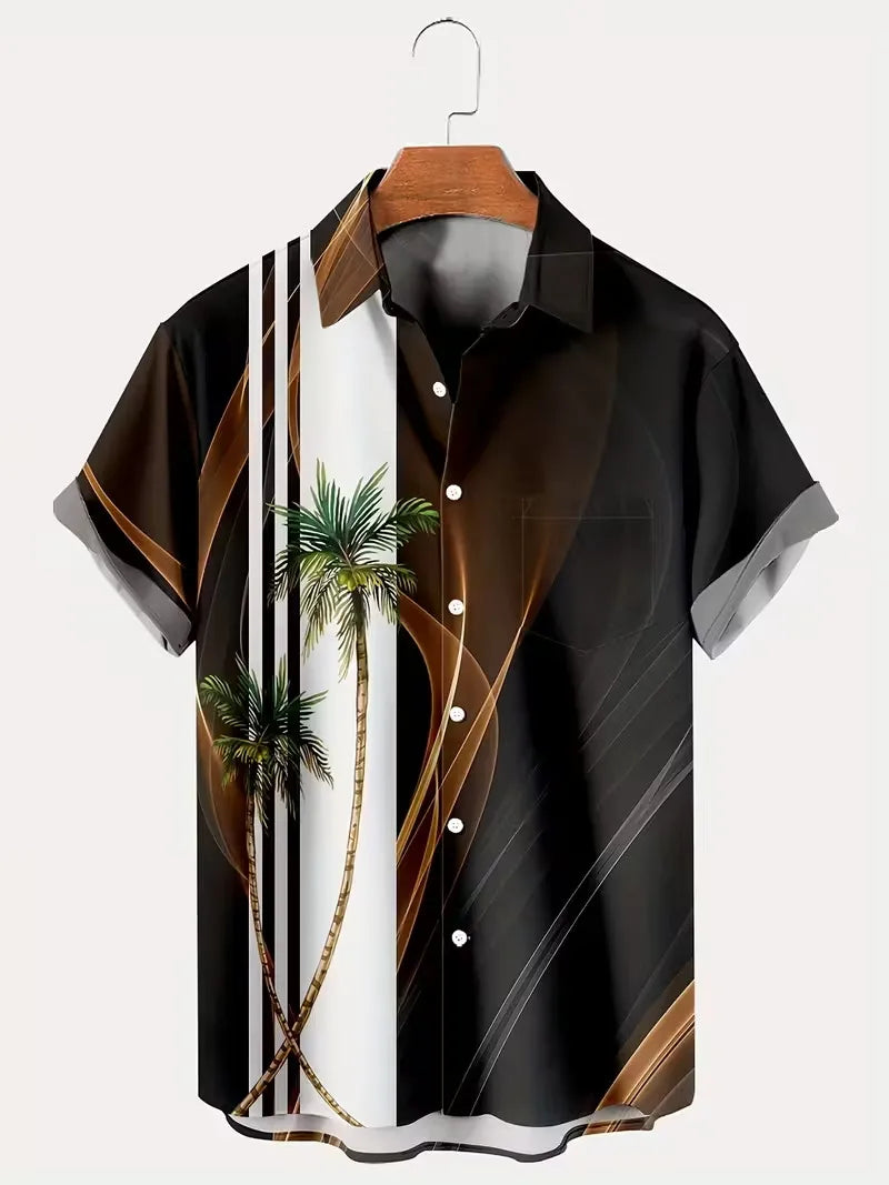 Men's Hawaiian Shirt with Tropical Leaf Pattern Button on Beach Cuban