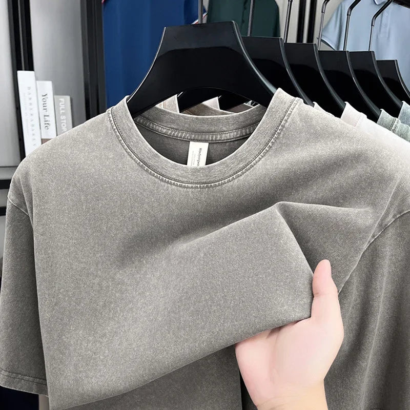 American Style Retro Heavyweight Solid Color Short Sleeved T-shirt Men